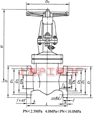 DKZ41H、DKZ41Y 型 PN10~PN100 鋼制真空閘閥主要外形及結構尺寸示意圖