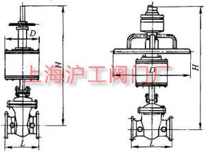 Z6s41H、Z6s41Y 型 PN16~PN63 法蘭連接氣動(dòng)楔式閘閥主要外形及結(jié)構(gòu)尺寸示意圖