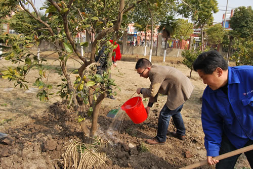 上海滬工閥門廠董事長楊猛先生在給樹木澆灌